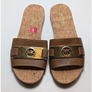 Michael Kors Warren Brown Saffiano Leather Cork Slide Sandals Gold MK  Women 6M